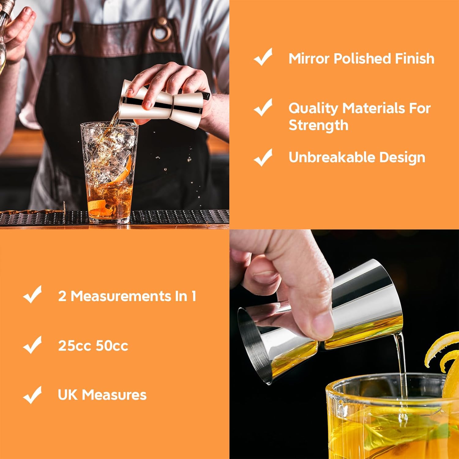 Detalle de Delgeo Premium Stainless Steel Cocktail Jigger Set (2 x 25/50 ml) – Precision Pouring for Home and Professional Use