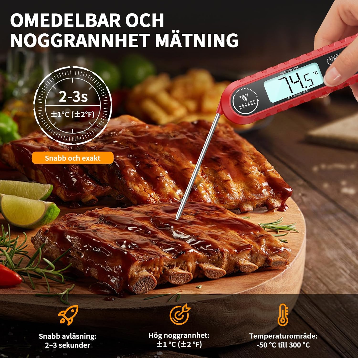 Detalle 2 de DOQAUS CP8 PRO digital stektermometer med 100 cm sond och temperaturlarm, röd