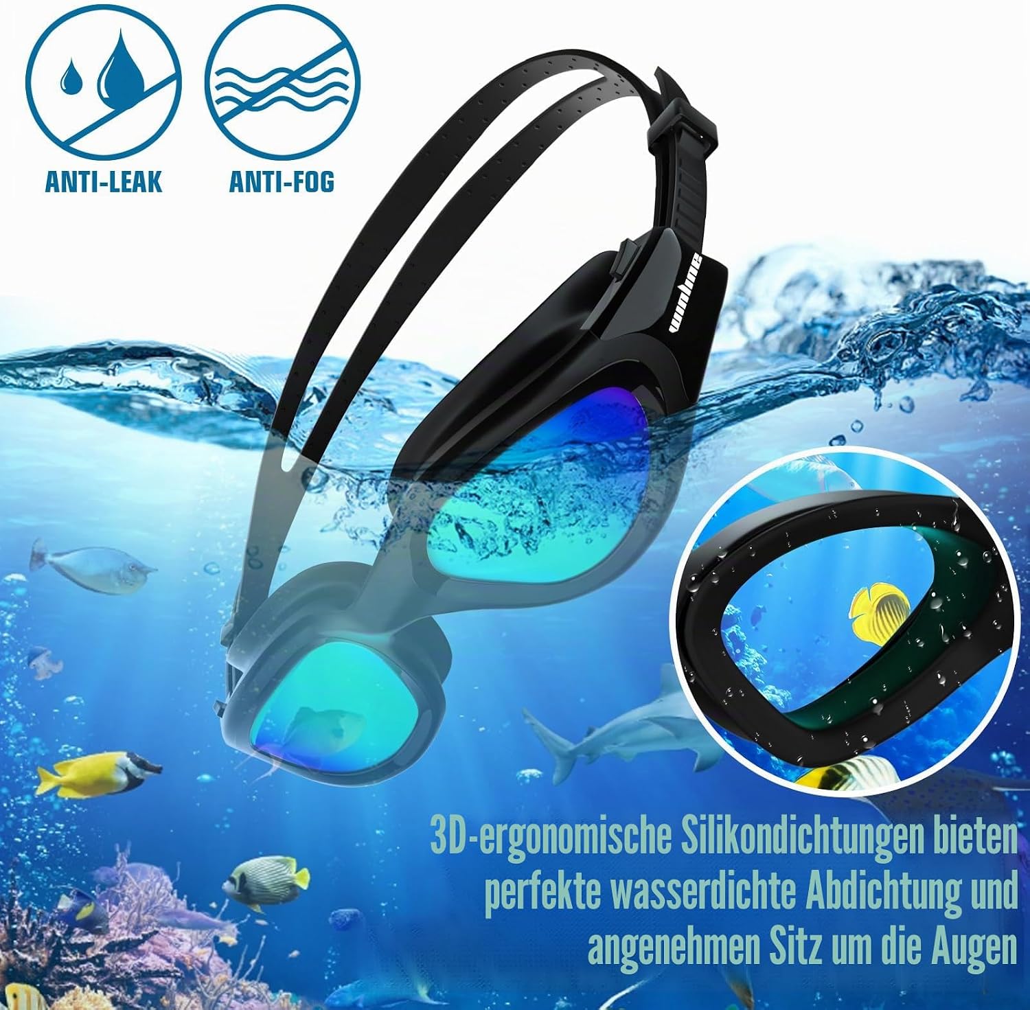 Detalle de Winline Schwimmbrille – Erwachsenen- und Jugendmodell mit Anti-Beschlag, UV-Schutz und wasserdichter Passform