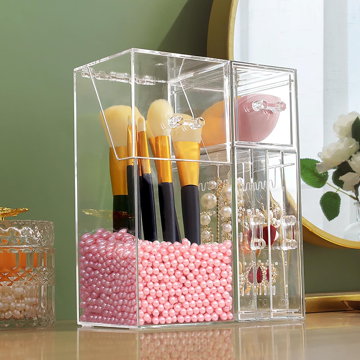 Andchi 2-in-1 Cosmetic Brush & Earrings Desk Organizer (dustproof acrylic, pink pearl)
