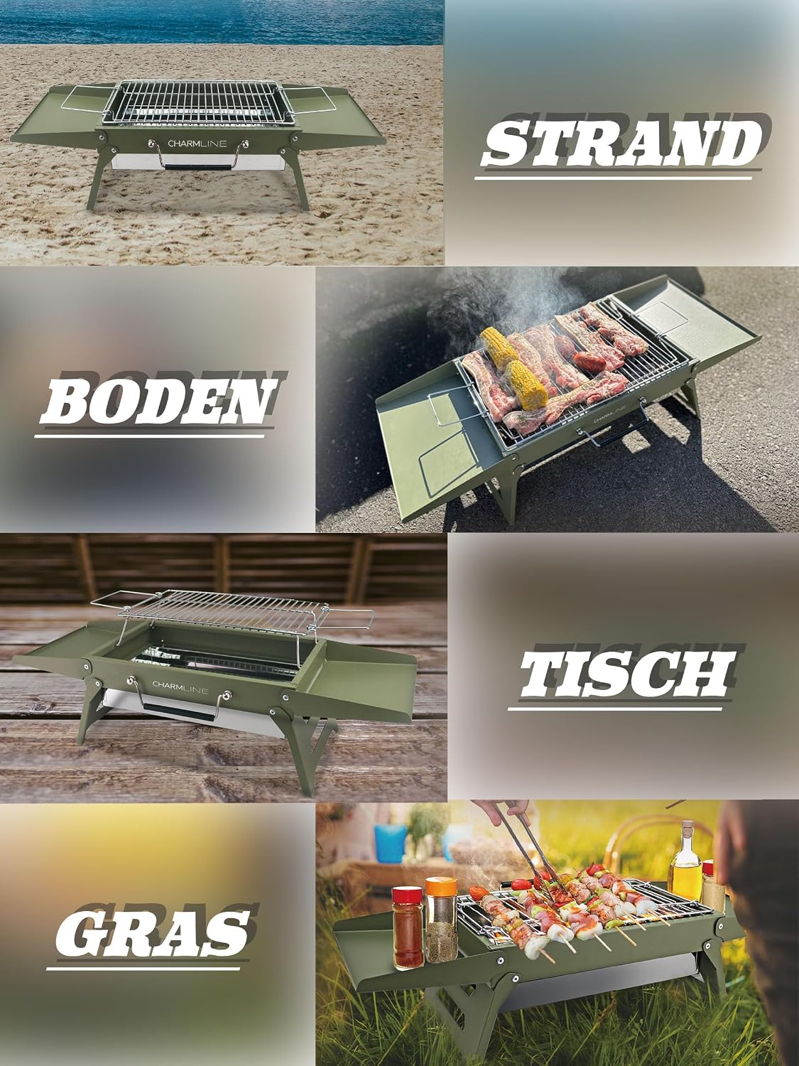 Detalle de Charmline Tragbarer Holzkohlegrill – Klappbar, 51 × 35 cm, Für 3–5 Personen, Grün