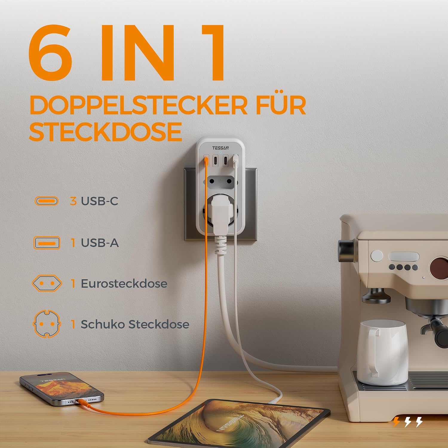 Detalle 2 de TESSAN USB-C Mehrfachstecker 3600 W, grau