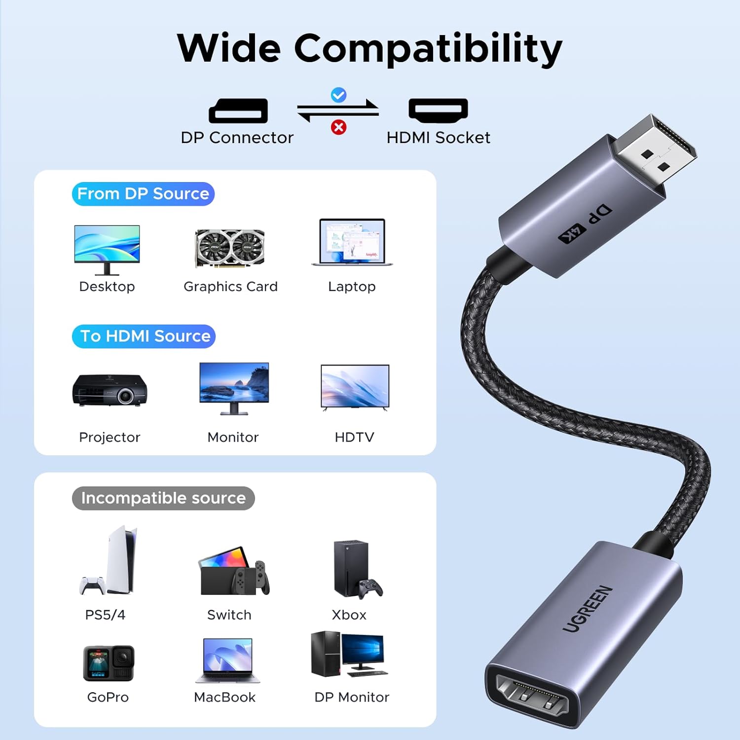 Thumbnail 6 de UGREEN 4K@60Hz DisplayPort to HDMI Adapter (DP 1.2 to HDMI 2.0) – Uni-Direction Aluminum Cable for Multi-Screen Gaming and Home Use