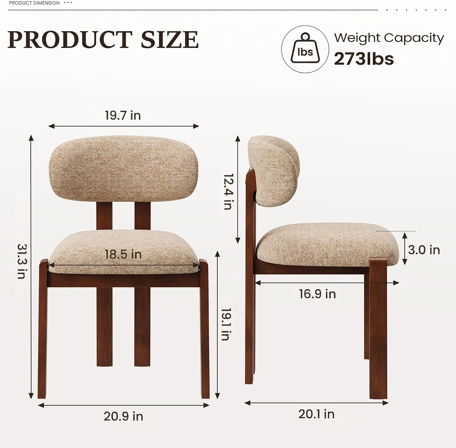 Detalle 2 de MALOL DCW37 Dining Chairs, Set of 2, Camel Chenille, Curved Backrests