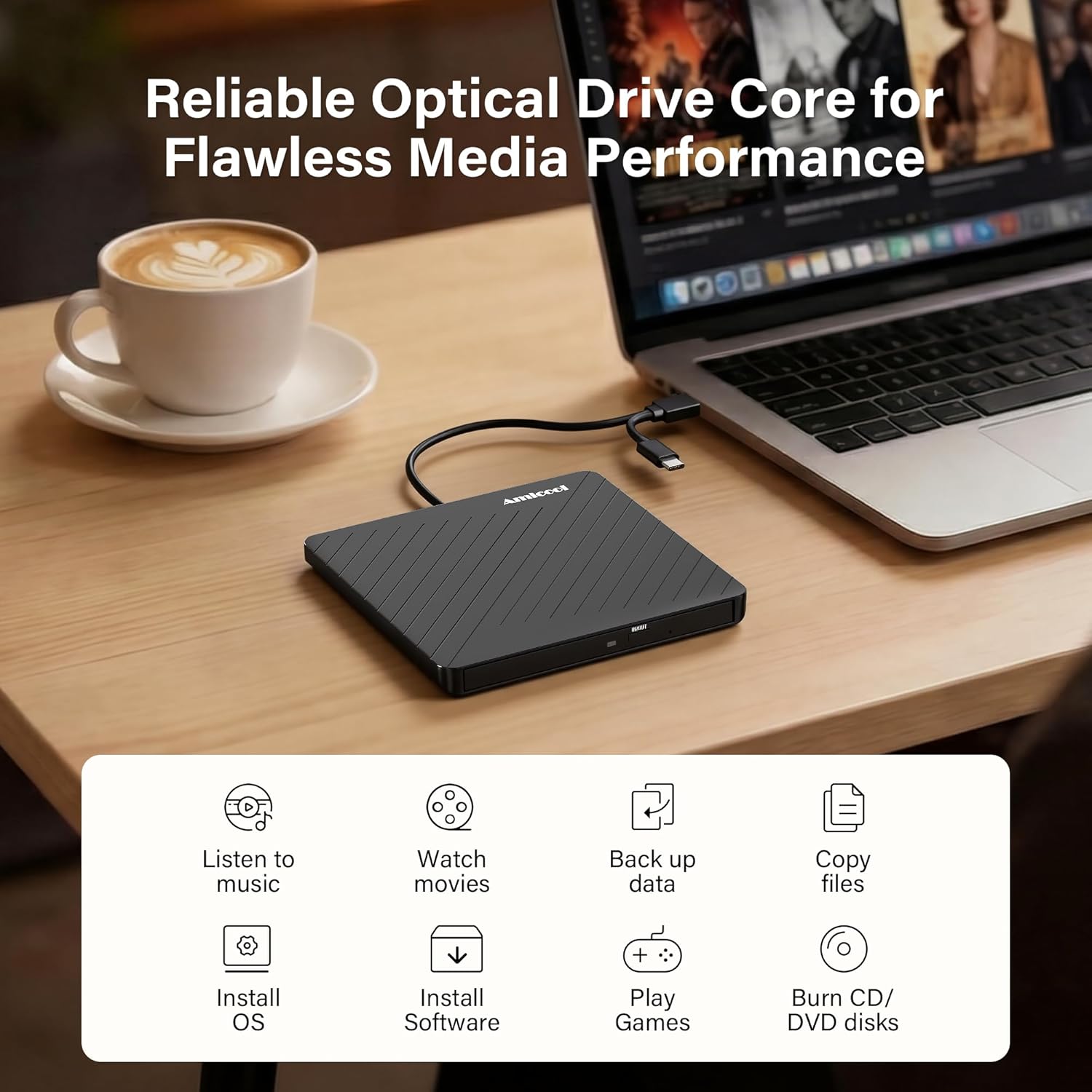 Detalle de Amicool Externes CD/DVD Laufwerk – USB-C/USB-A, Ultraflach 13 mm, Dual-Stromversorgung, kompatibel mit MacBook, Windows, Linux