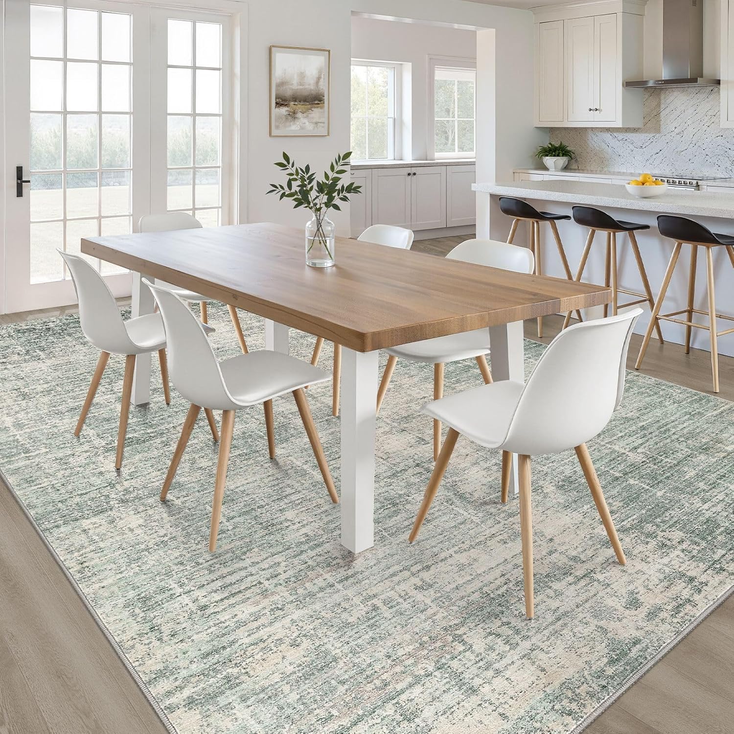 Detalle de 7x9 Area Rug Living Room: Washable Large Neutral Green Abstract Rug