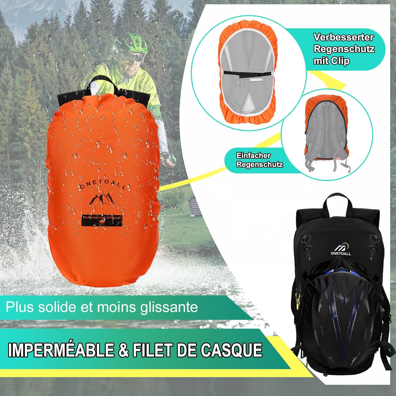 Detalle de ONETOALL Sac à dos vélo 15L polyvalent (housse de pluie, couvre-casque, fermeture éclair antivol)