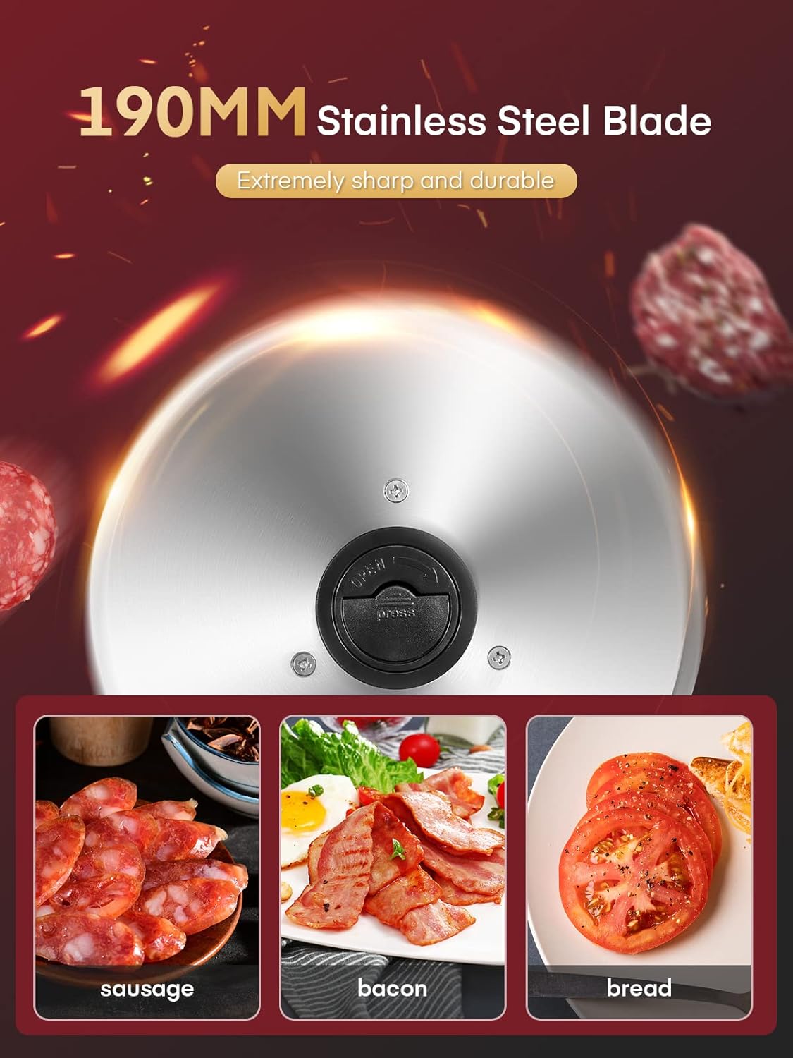 Thumbnail 3 de Trancheuse électrique 200W à jambon et saucisson – 2 lames amovibles (19 cm), réglage 0 à 15 mm, argent