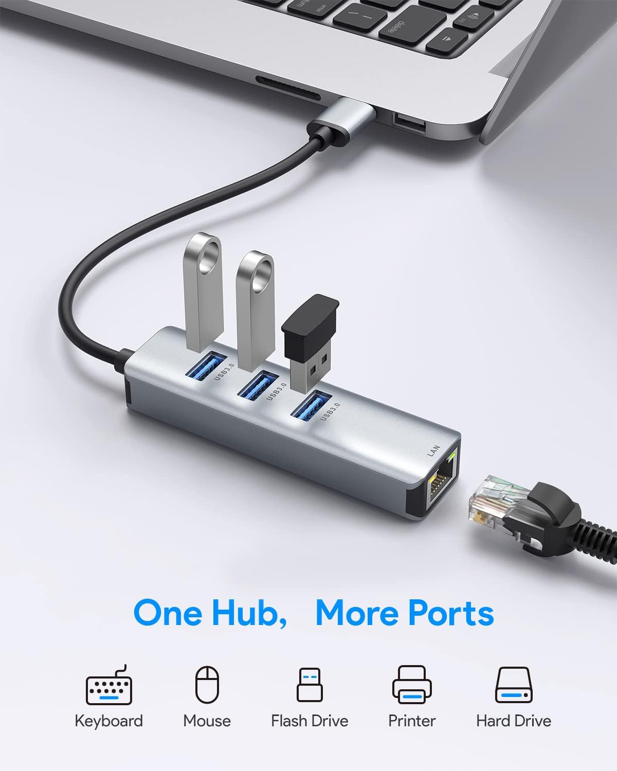Thumbnail 1 de ABLEWE USB 3.0 to Ethernet Adapter with 3-Port USB 3.0 Hub and Gigabit RJ45