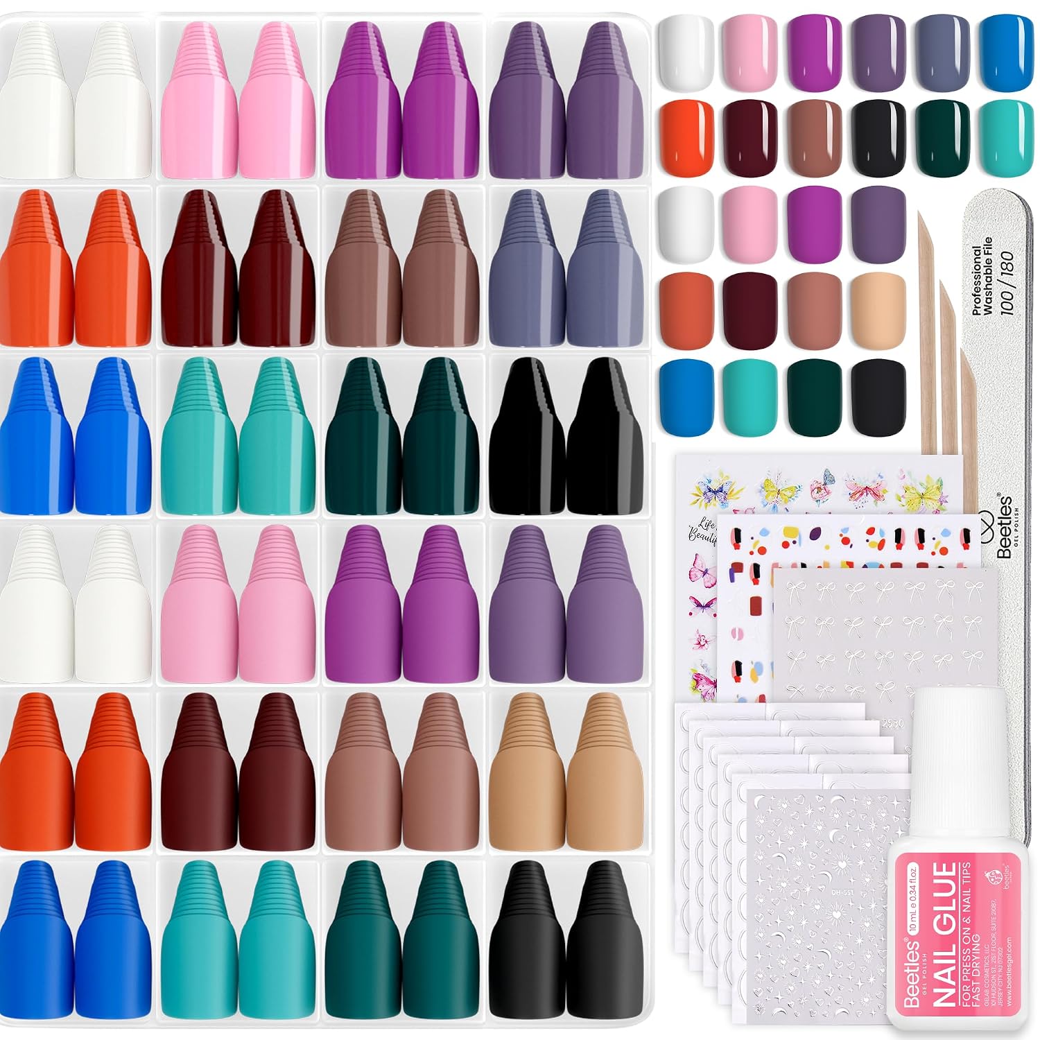Detalle de Beetles 576-Piece Short Square Press-On Nails Kit, 24 Colors, 12 Sizes