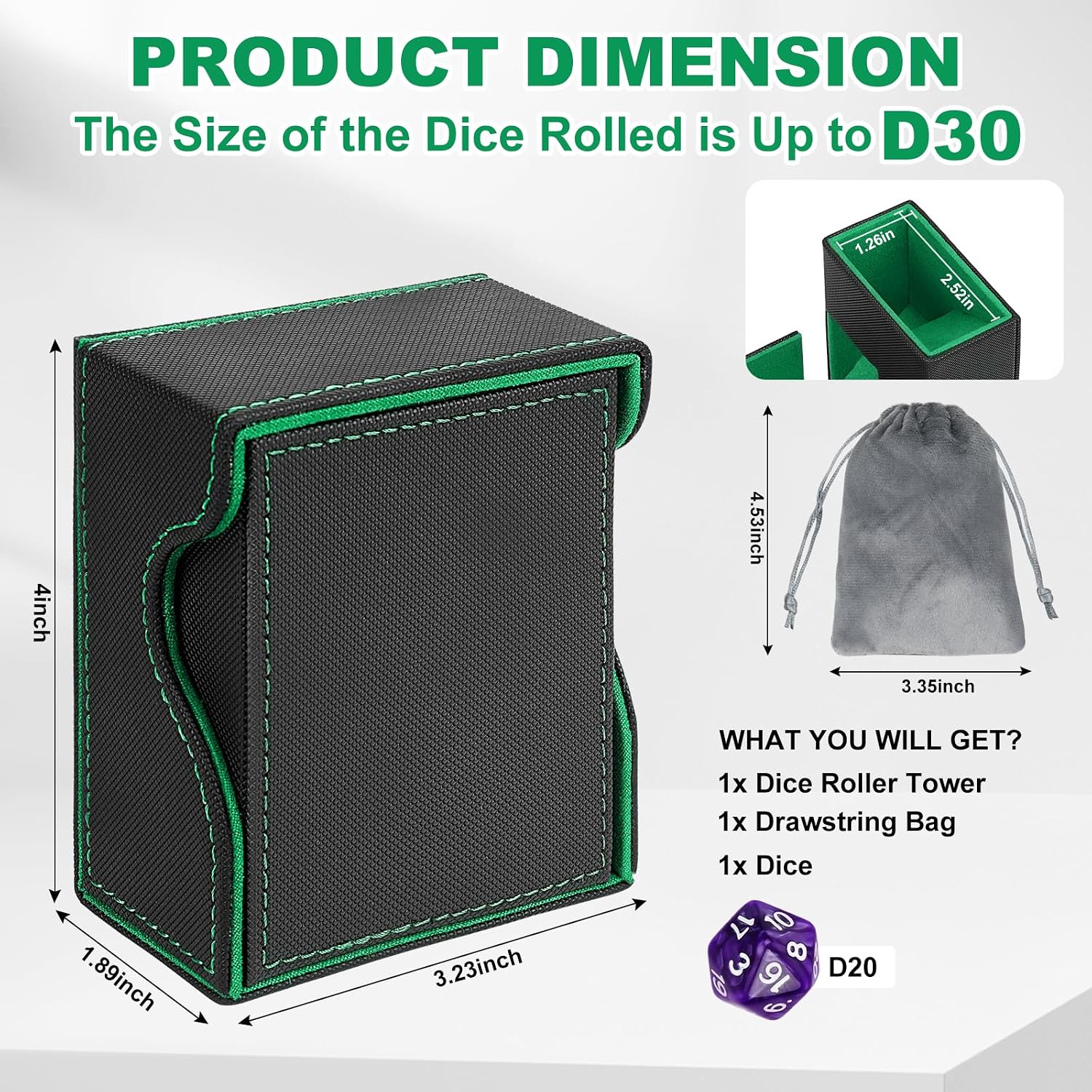 Detalle 2 de T351 Dice Case-GN-CA Foldable Dice Tower, Magnetic PU Leather Tray, Black & Green