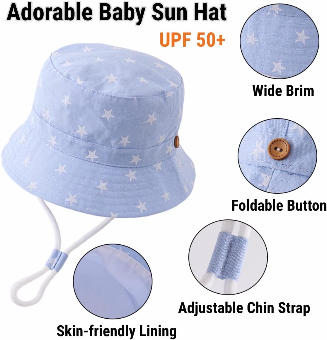 Thumbnail 1 de imKutie Baby Sun Hat (UPF 50+) – Adjustable Bucket Hat with Chin Strap, Cartoon Animal Shark & Star Print