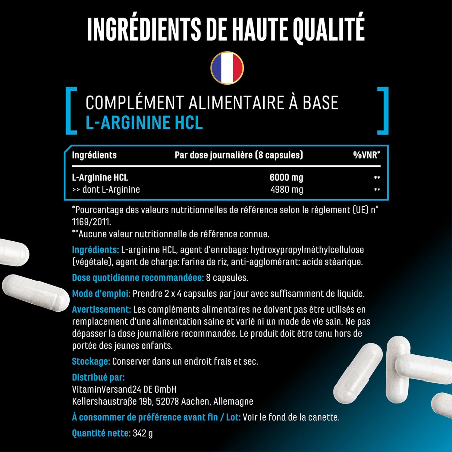Detalle de German Elite Nutrition L-Arginin 380 gélules véganes – 6000 mg de L-arginine HCl par portion quotidienne