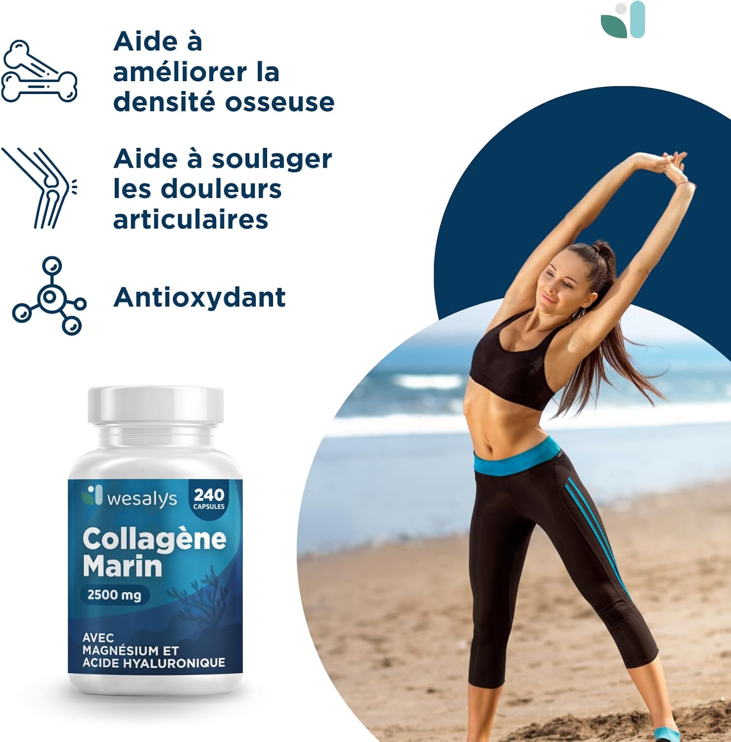 Detalle de Collagène Marin et Acide Hyaluronique - 240 Gélules par Wesalys (2500 mg COH)