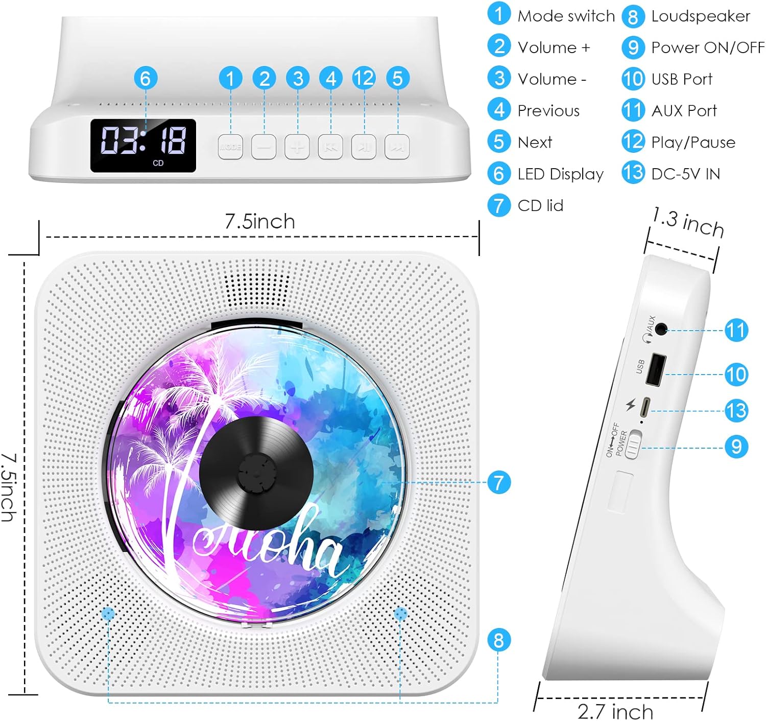 Detalle de Gueray Lettore CD portatile con Bluetooth e altoparlanti Hi‑Fi, radio FM e telecomando