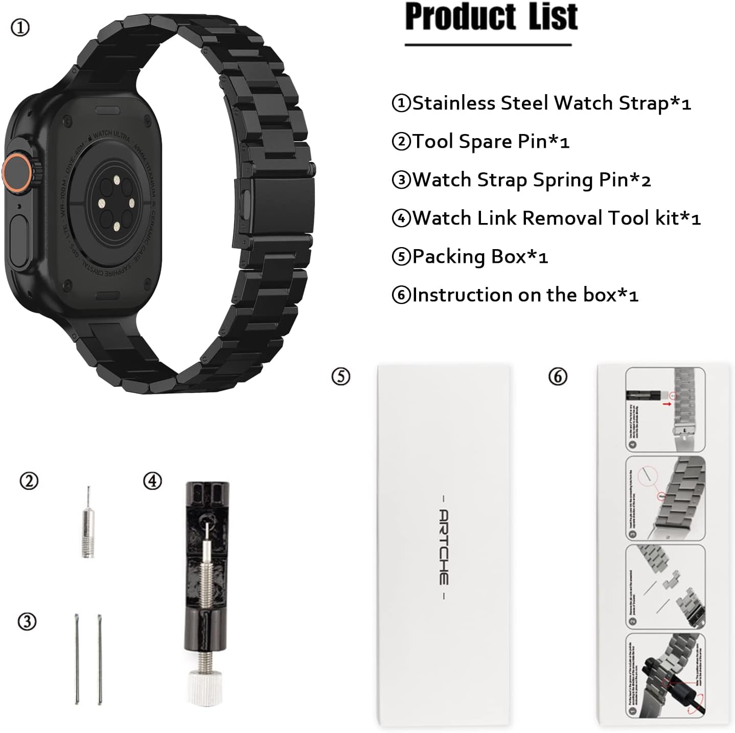 Thumbnail 6 de ARTCHE Stainless Steel Watch Strap for Apple Watch (43–49mm) – Adjustable Sport Band for Series 8/7/6/SE/5/4/3/2/1