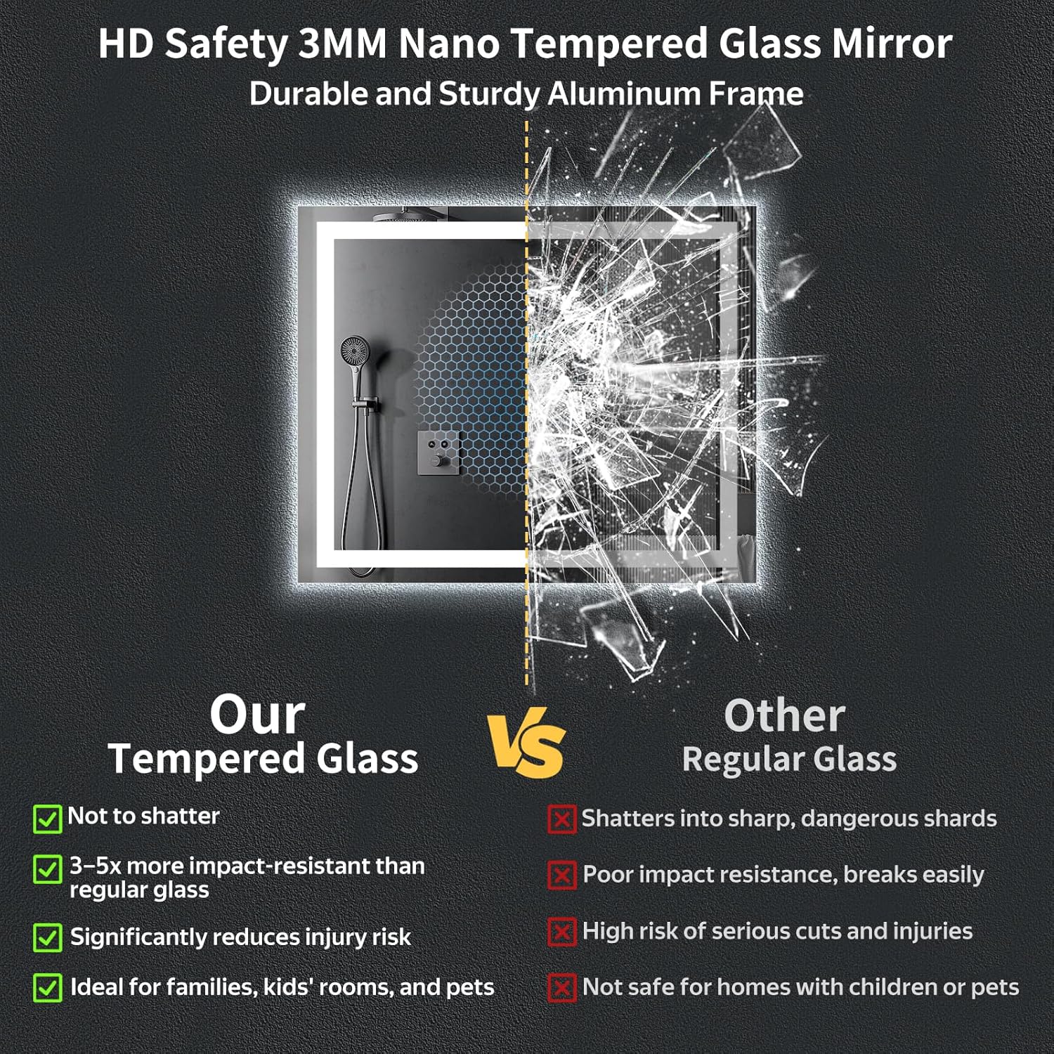 Thumbnail 4 de 36"x30" LED Bathroom Mirror with Lights (Dual Lighting, Anti-Fog, Dimmable, Memory) — Shatterproof Tempered Glass