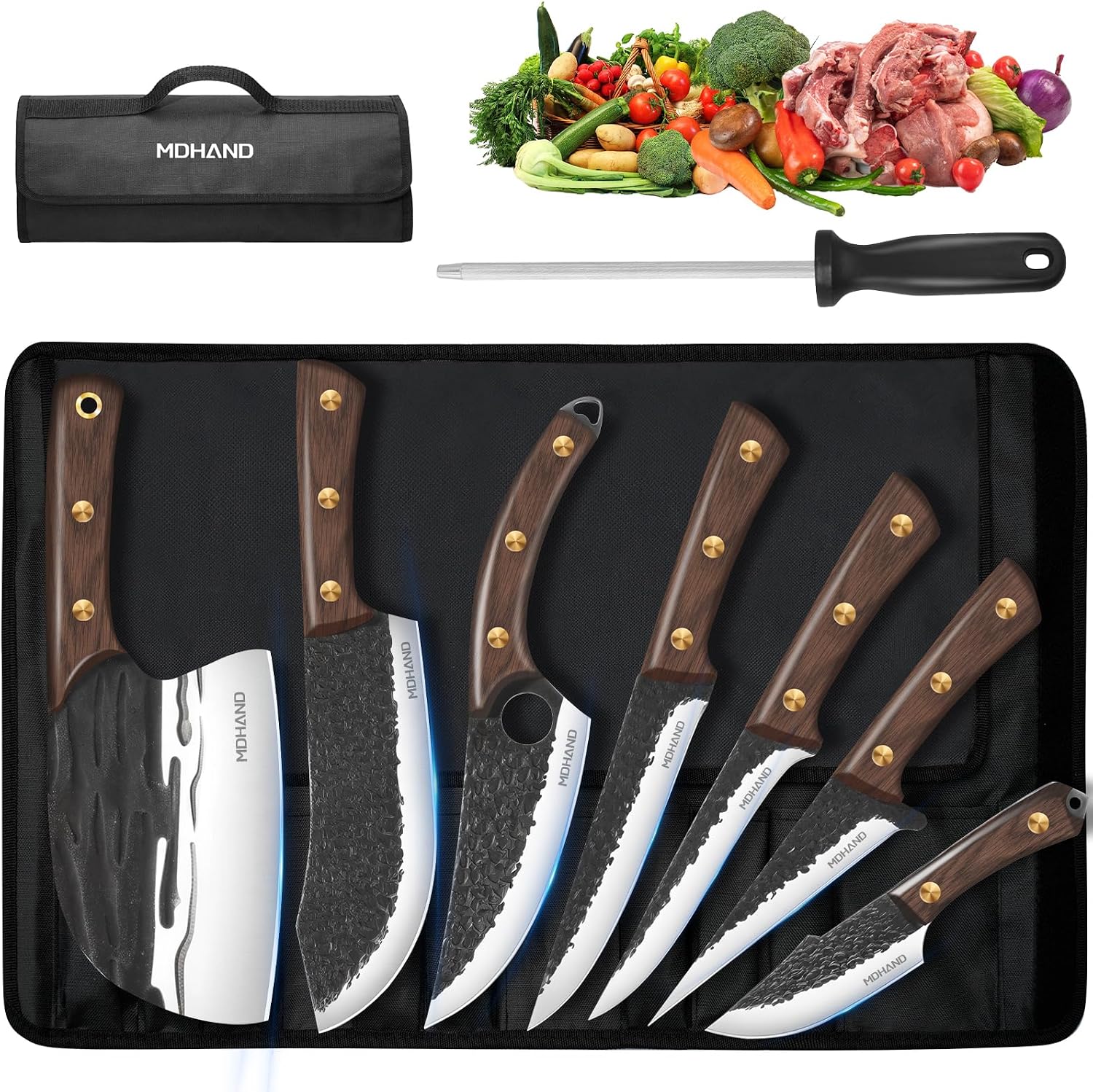 Detalle de MDHAND Bks-001 Butcher Knife Set with 7 Knives, Sharpening Rod and Roll Bag