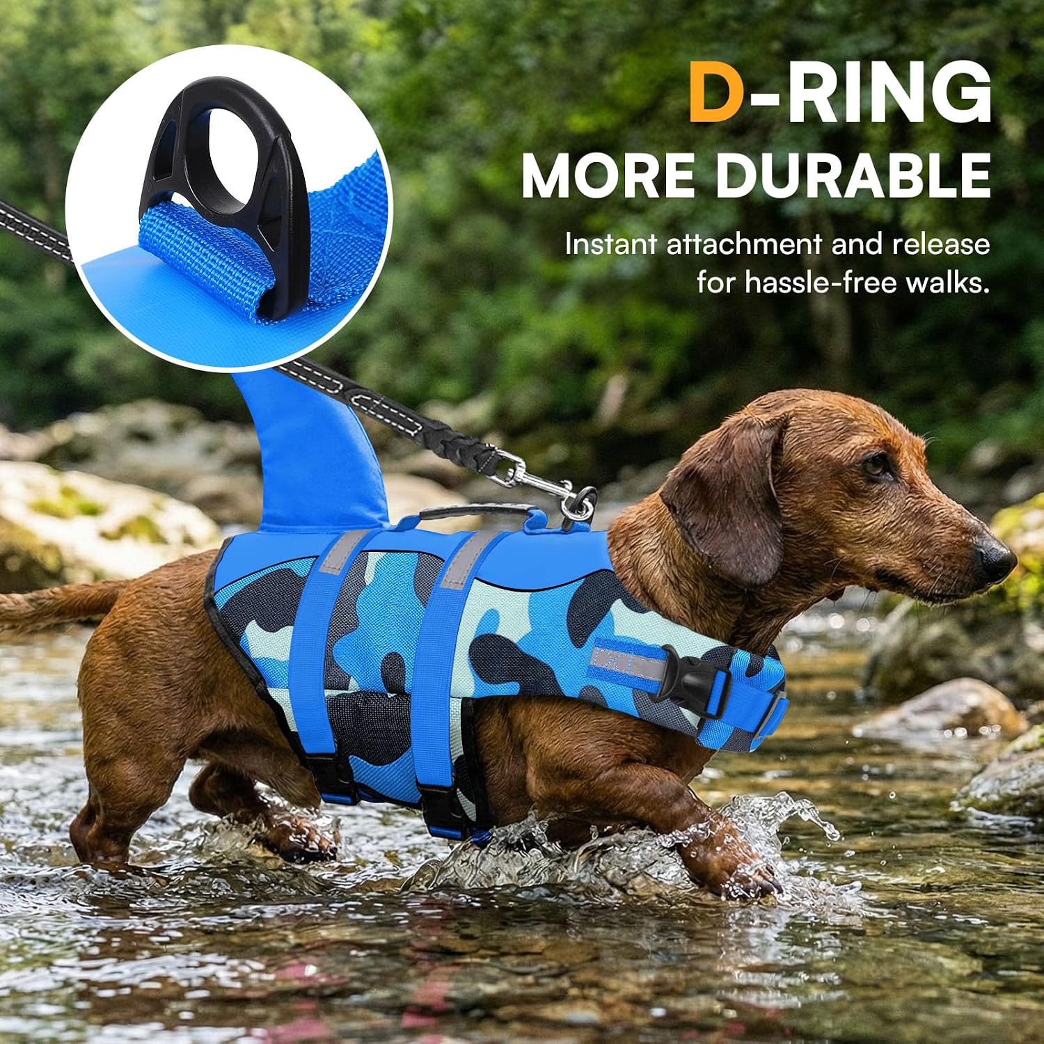 Detalle 2 de Queenmore Dog Life Jacket (BlueCamo, M) – High Buoyancy Swimming Vest for Dogs