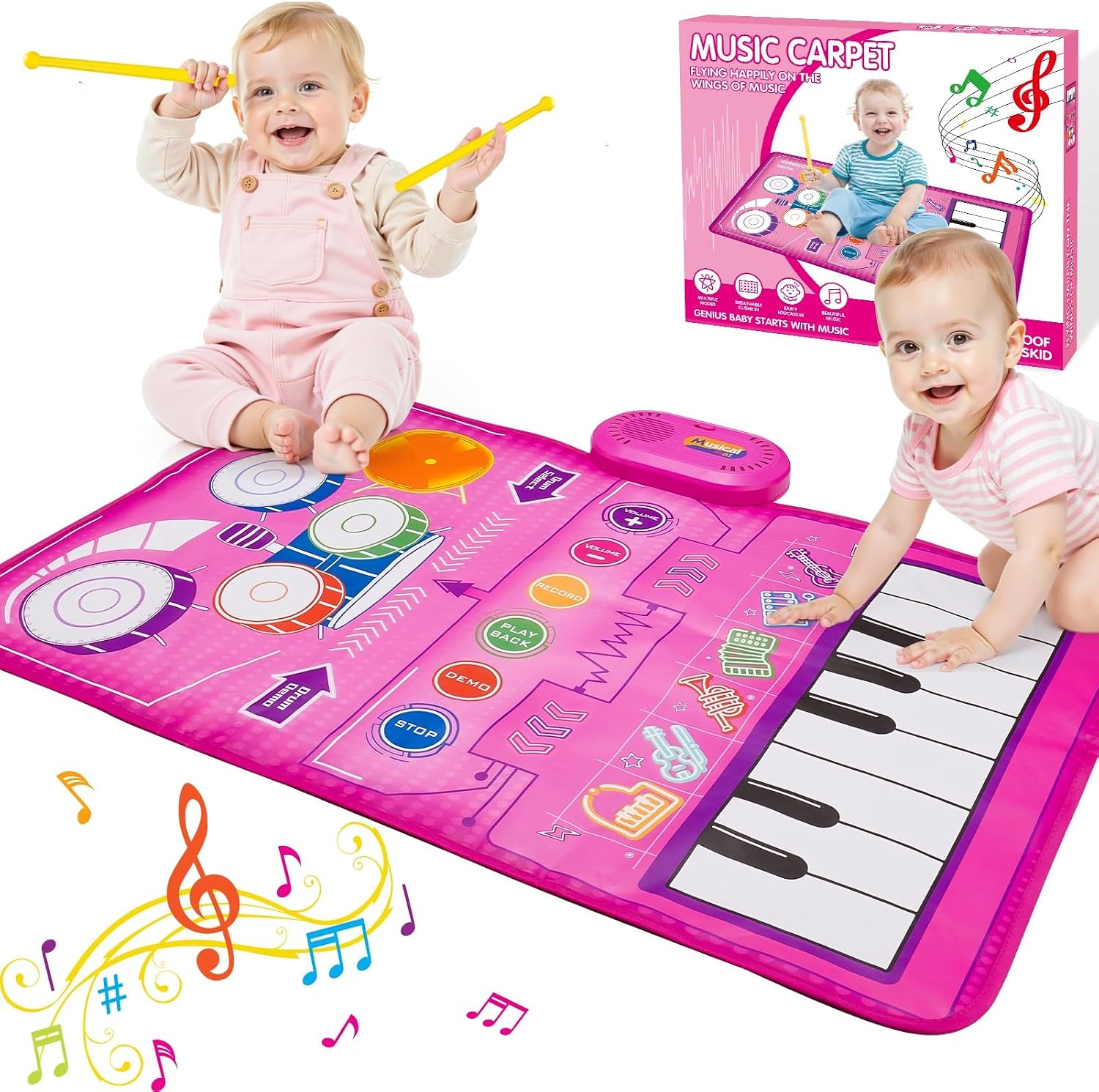 Gralal 2-in-1 Pink Musical Mat for 1–2 Year Old Girls: Piano, Drums and Recording in One Playful Mat