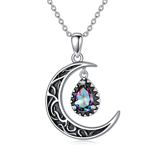 Detalle de VONALA Collar de luna celta en plata de ley con topacio arcoíris
