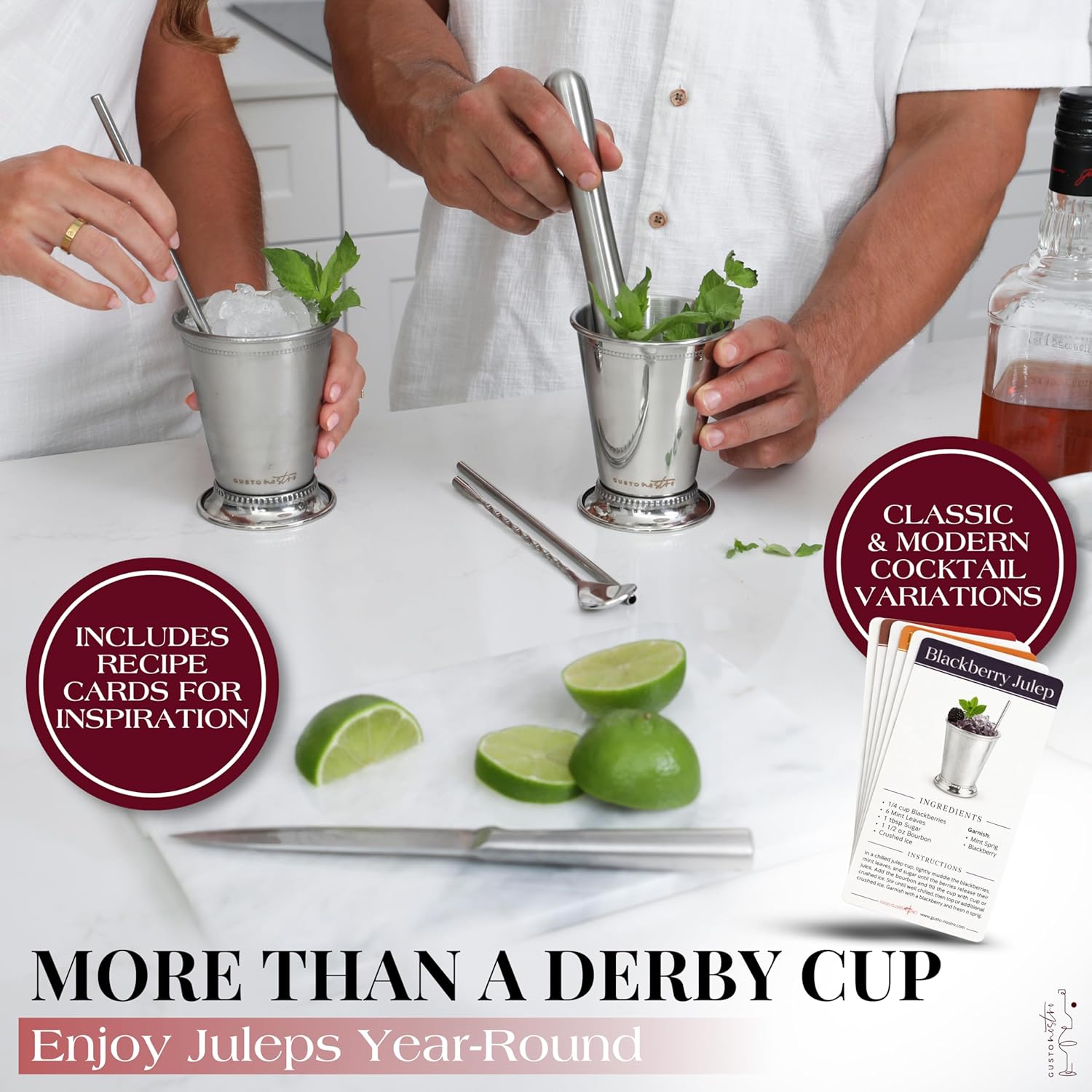 Thumbnail 3 de Gusto Nostro Mint Julep Cups Set of 2 – Stainless Steel Cocktail Cups with Straws, Muddler, Spoon, Recipes
