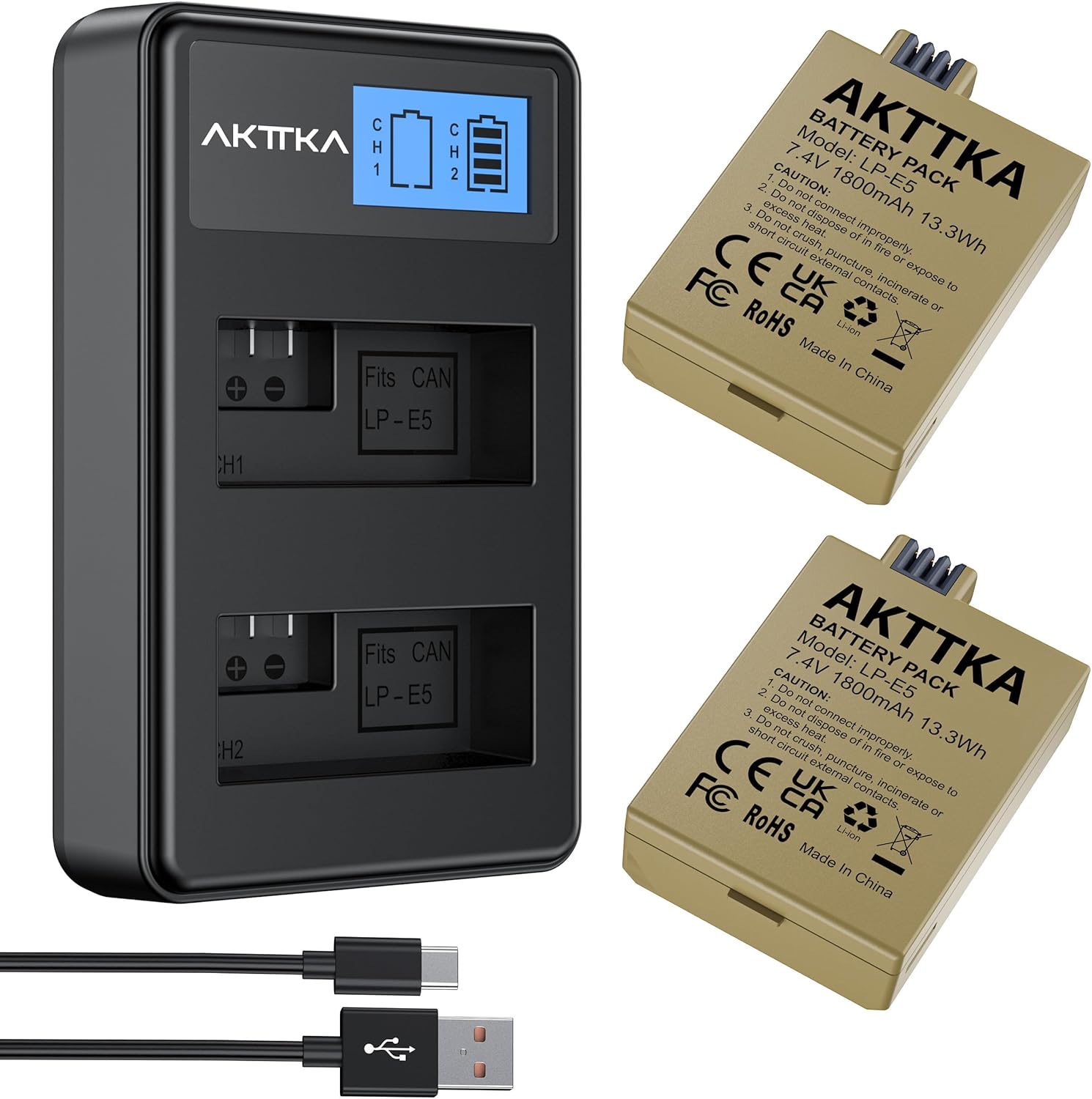 Detalle de AKTTKA LP-E5 1800mAh (x2) con caricatore USB-C doppio con display LCD – kit completo per Canon EOS