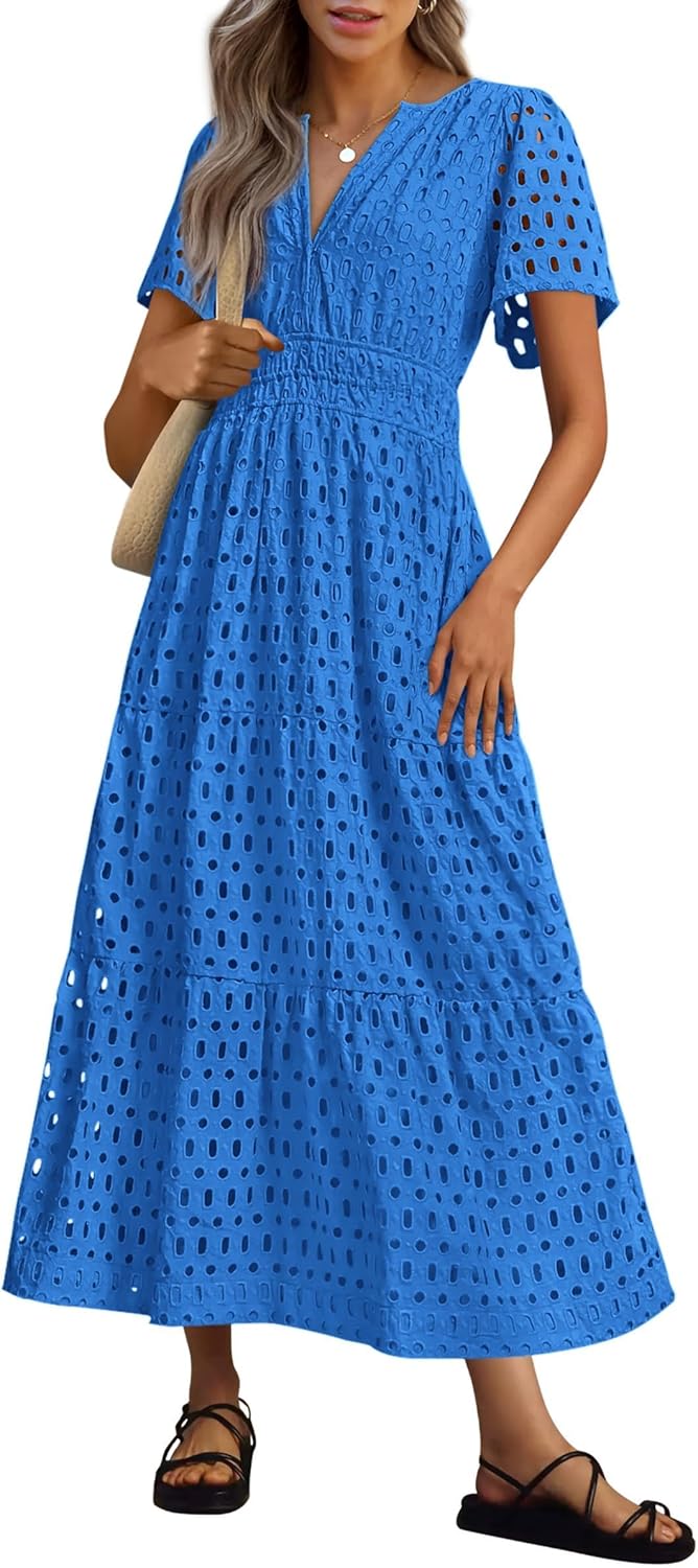 Thumbnail 6 de PRETTYGARDEN Eyelet Maxi Dress for Summer 2026 — V-Neck, Short Sleeve, Flowing A-Line
