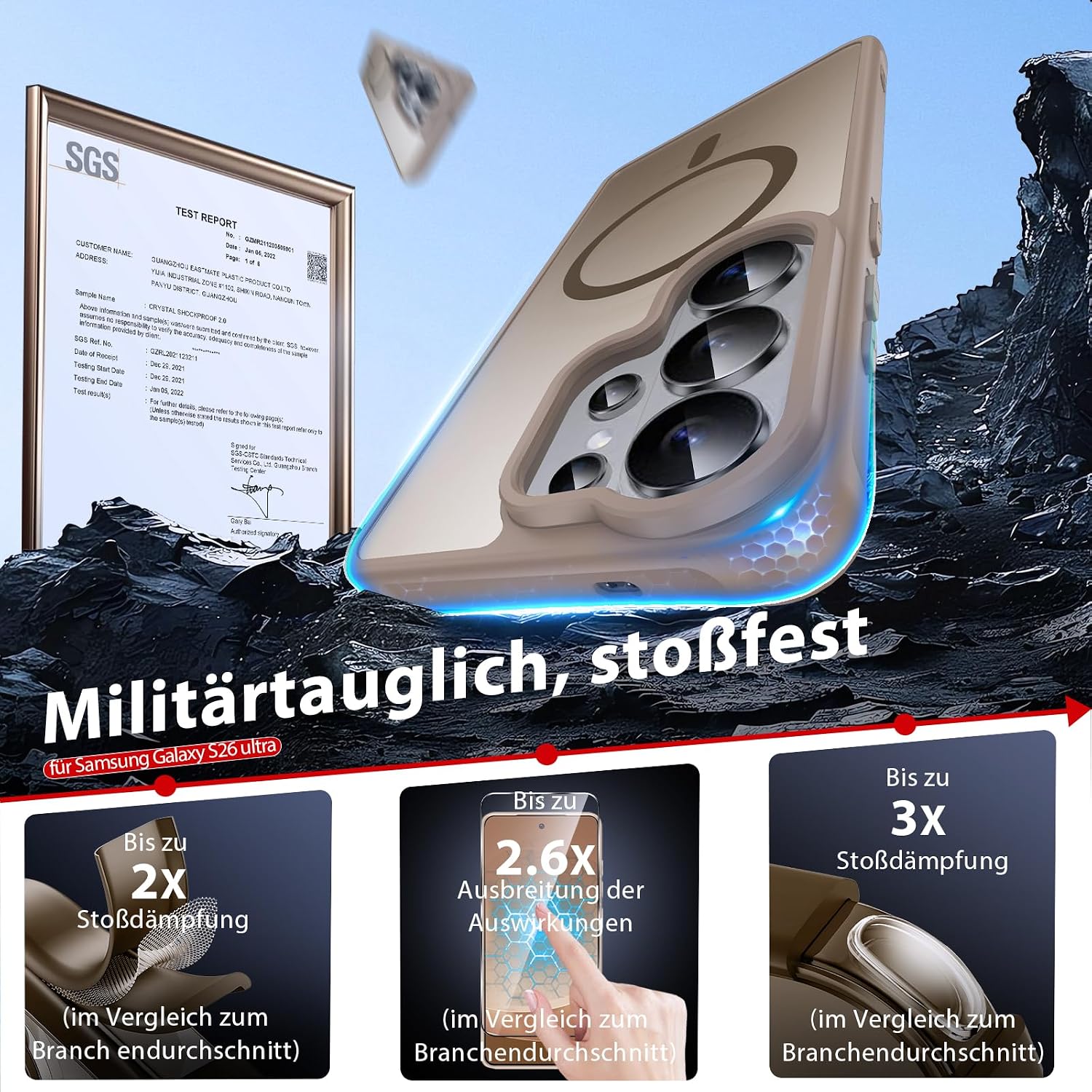 Detalle de Dizn Hülle für Samsung Galaxy S26 Ultra – Schutzcase mit 2 Glasfolien, Objektivschutz und MagSafe-Kompatibilität