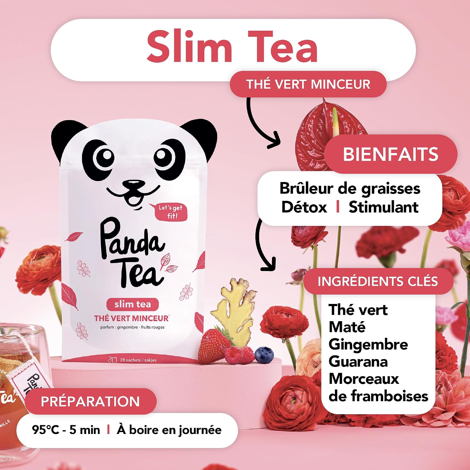 Detalle de Panda Tea - Slim Tea Framboise Gingembre : thé vert bio detox & perte de poids en 28 sachets