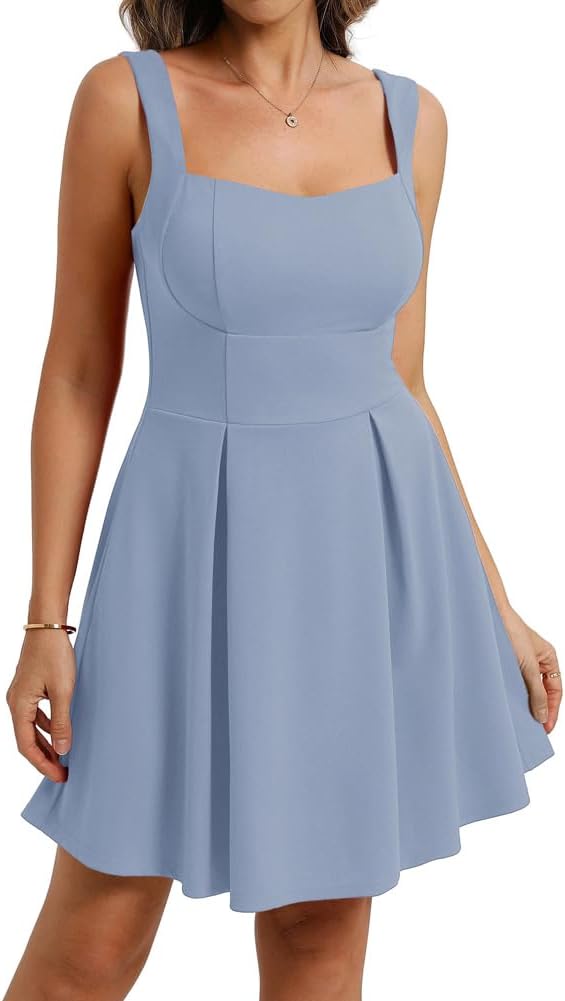 Detalle de Belle Poque Mini robe trapèze à col carré – Dos ouvert, poches et swing fluide