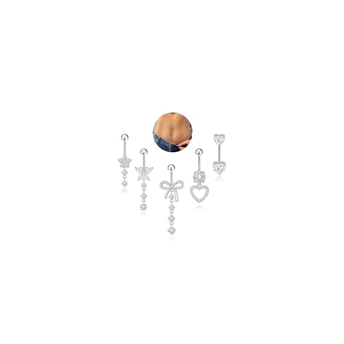 Nelytiya 5Pcs Silver Dangly Belly Button Bars Set