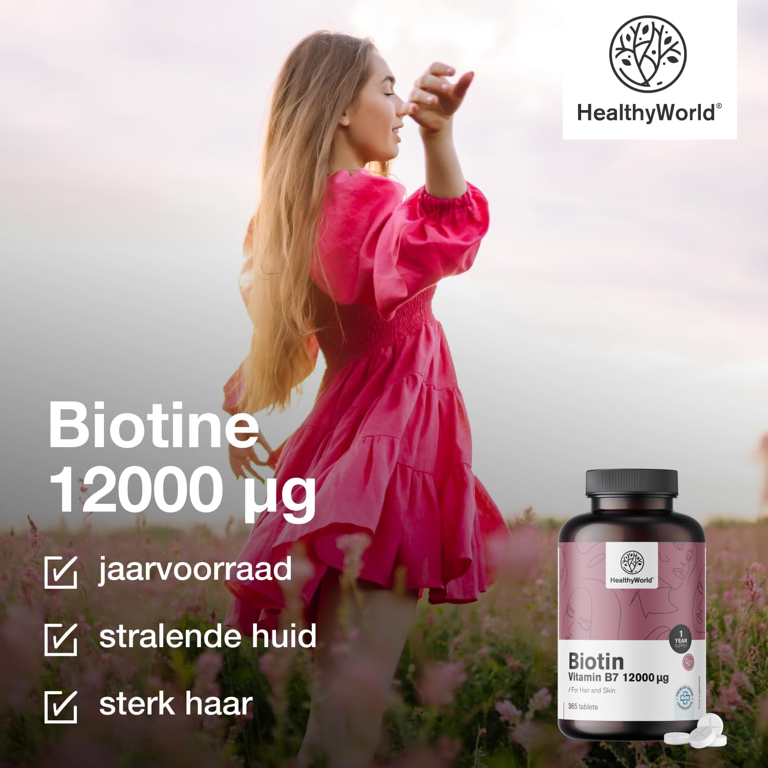 Detalle 1 de HealthyWorld Biotine 12.000 µg, 365 tabletten vitamine B7 voor haar, huid en nagels