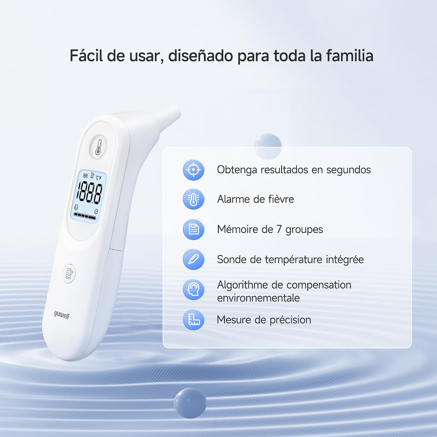 Detalle de yuwell YHT101 Thermomètre auriculaire 0,1°