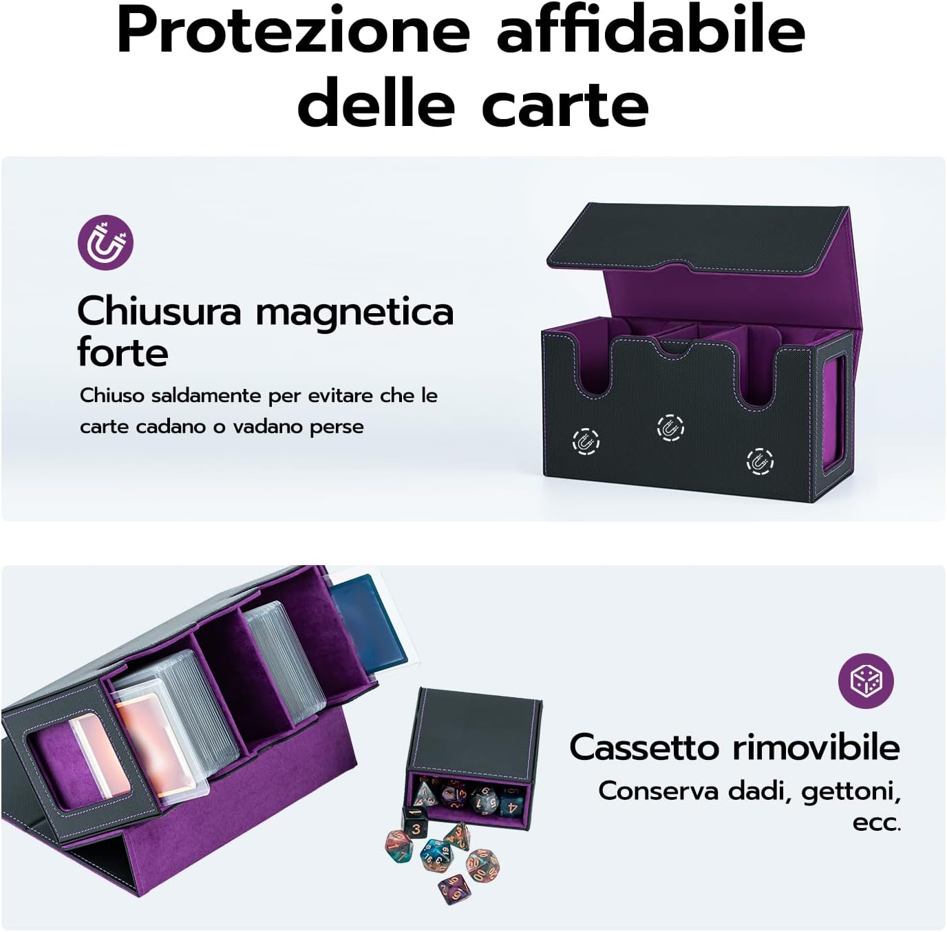 Detalle de Tolesum Commander Deck Box: Porta Mazzo MTG 360+ carte, 3-in-1 con vetrine e cassetto dadi – Nero Viola