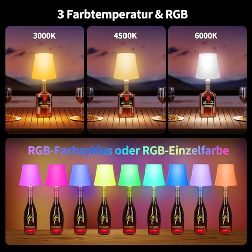 Detalle de Suright Flaschenlampe Aufsatz LED Aufladbar – 3 Farbtemperaturen + 9 RGB-Farben, IP54, USB-C