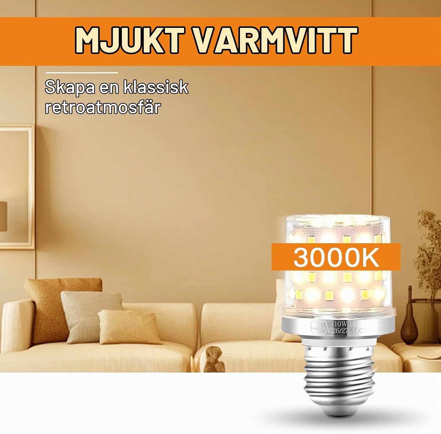 Detalle de MIAOKE E26/E27 LED-lampa, 10 W, 900 lm, varmvit 3000 K, 4-pack