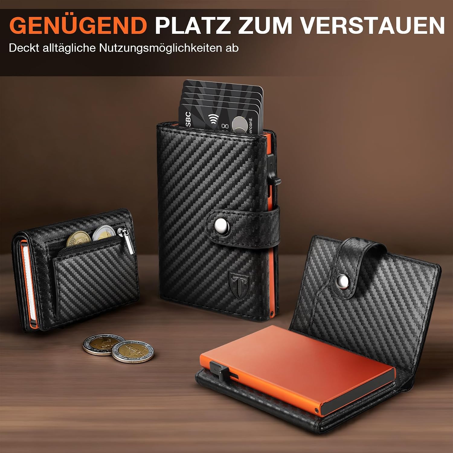 Detalle de TENBST Geldbörse Herren Slim Wallet mit RFID-Schutz – Schwarz/Orange, Kartenetui bis 10 Karten, Münzfach, Geschenkverpackung