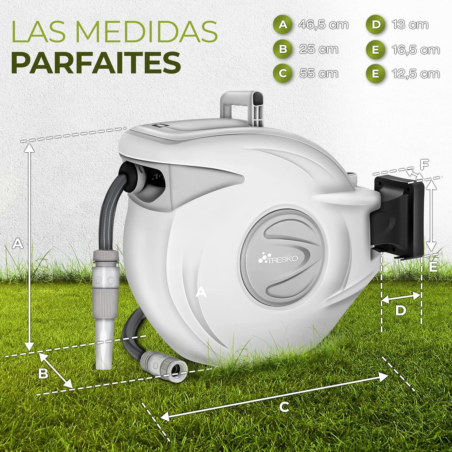 Thumbnail 3 de TRESKO enrouleur de tuyau d’arrosage mural 30 m en PVC – pivotant 180° avec enroulement automatique