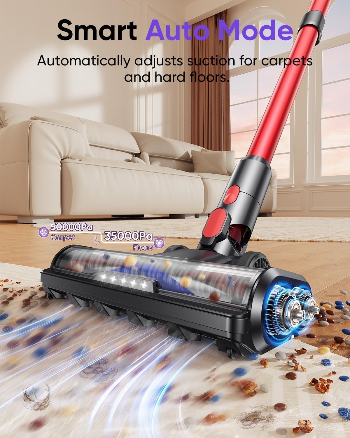 Detalle 2 de 550W 45KPa Cordless Vacuum Cleaner – Self-Standing Stick with Auto Mode, 60 Min Runtime and Wall Mount (Red)