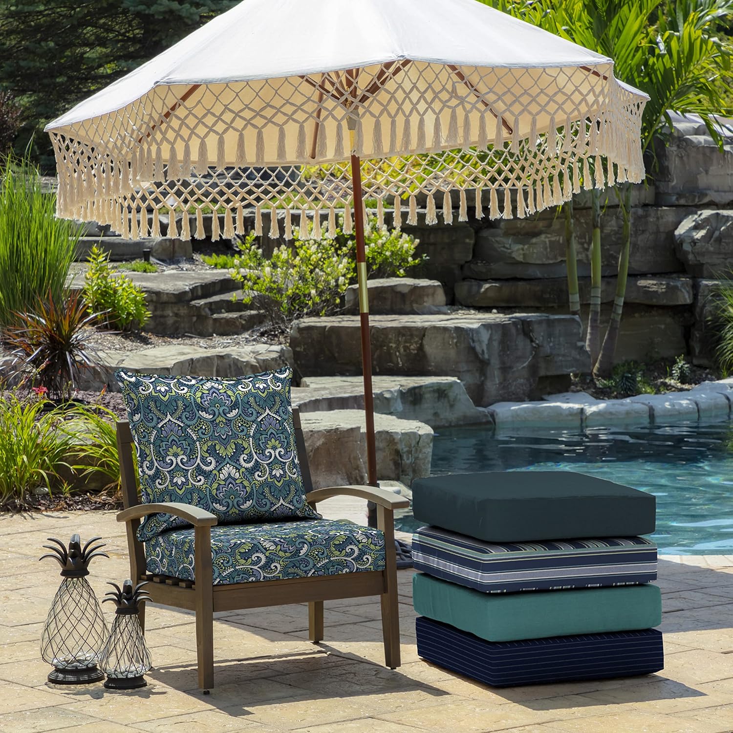 Detalle de Arden Outdoor Deep Seat Cushion Set 24 in x 24 in - Sapphire Aurora Blue Damask