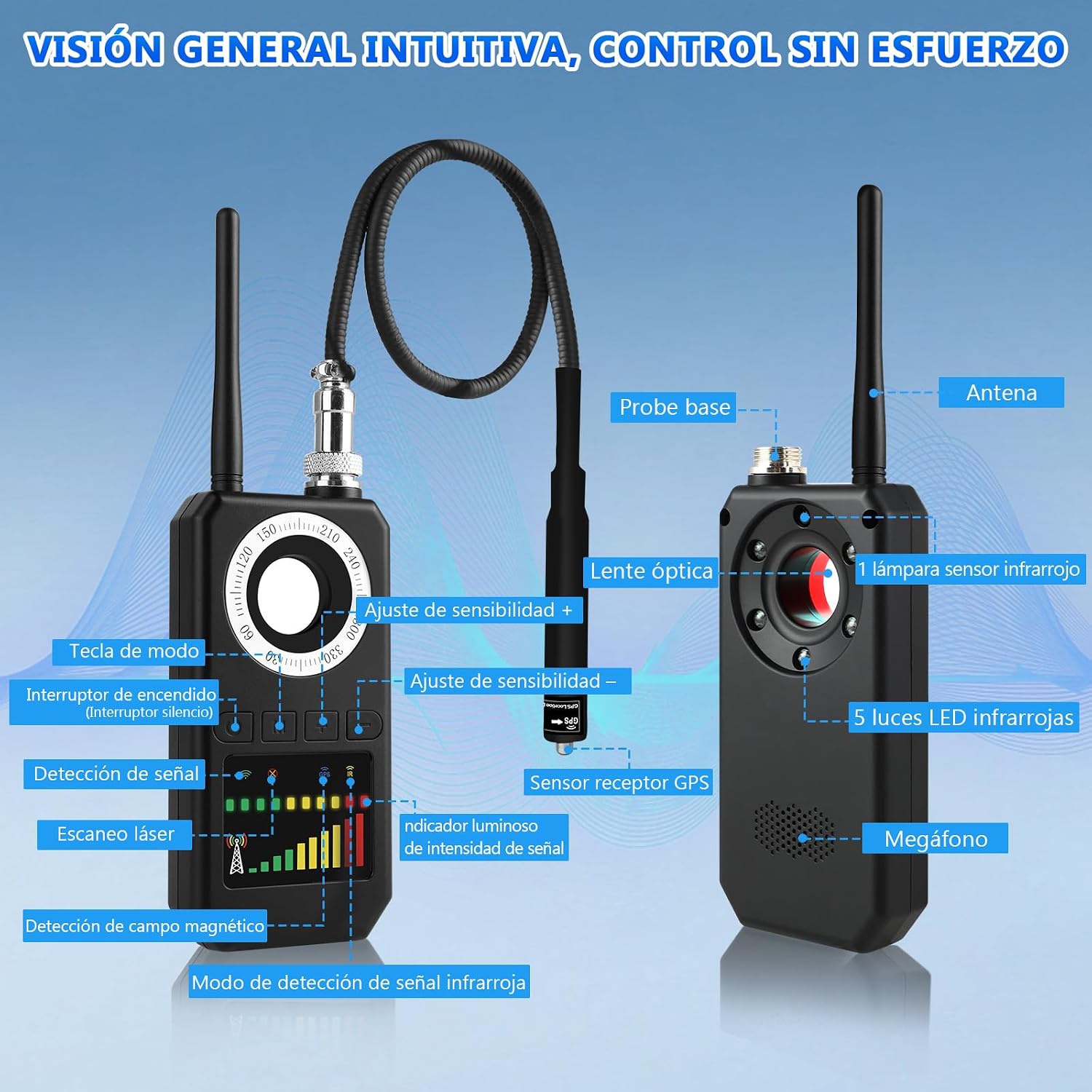 Detalle de Diseleri Detector de Cámaras y Micrófonos Ocultos 4 en 1 – RF, GPS, Escáner de Señal y Sensor Magnético
