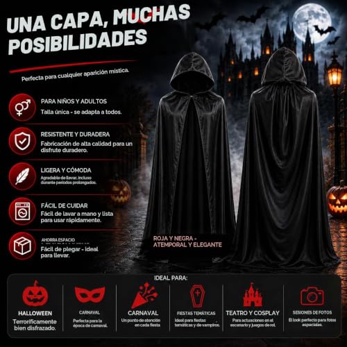 Detalle 1 de Costumed capa negra con capucha para disfraces de vampiro y Drácula