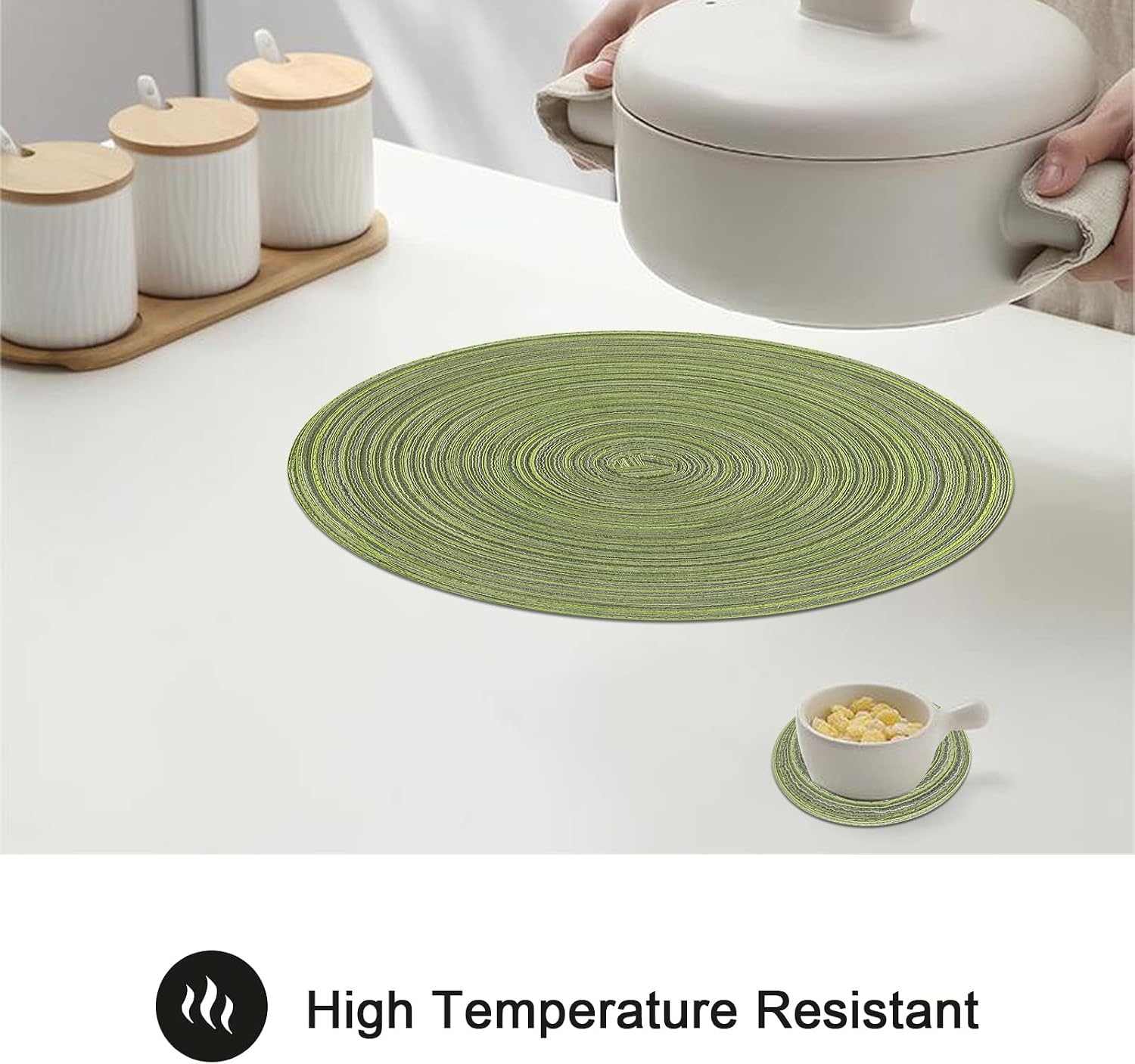 Detalle 1 de Pauwer ronde geweven placemats, set van 6, groen, 38 cm