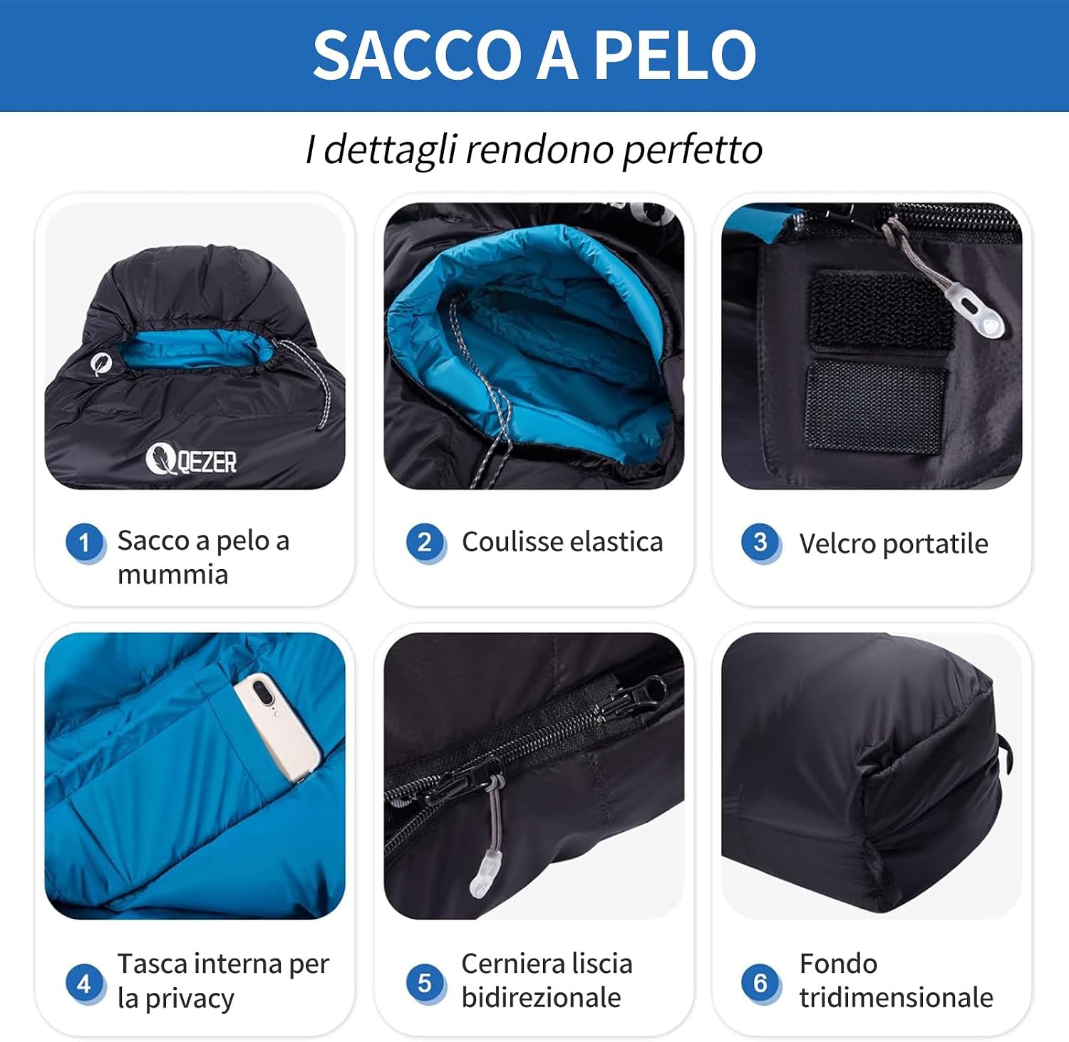 Detalle de QEZER sacco a pelo in piuma invernale 600+ FP: 7℃ ~ -8℃ ~ -24℃, leggero e comprimibile