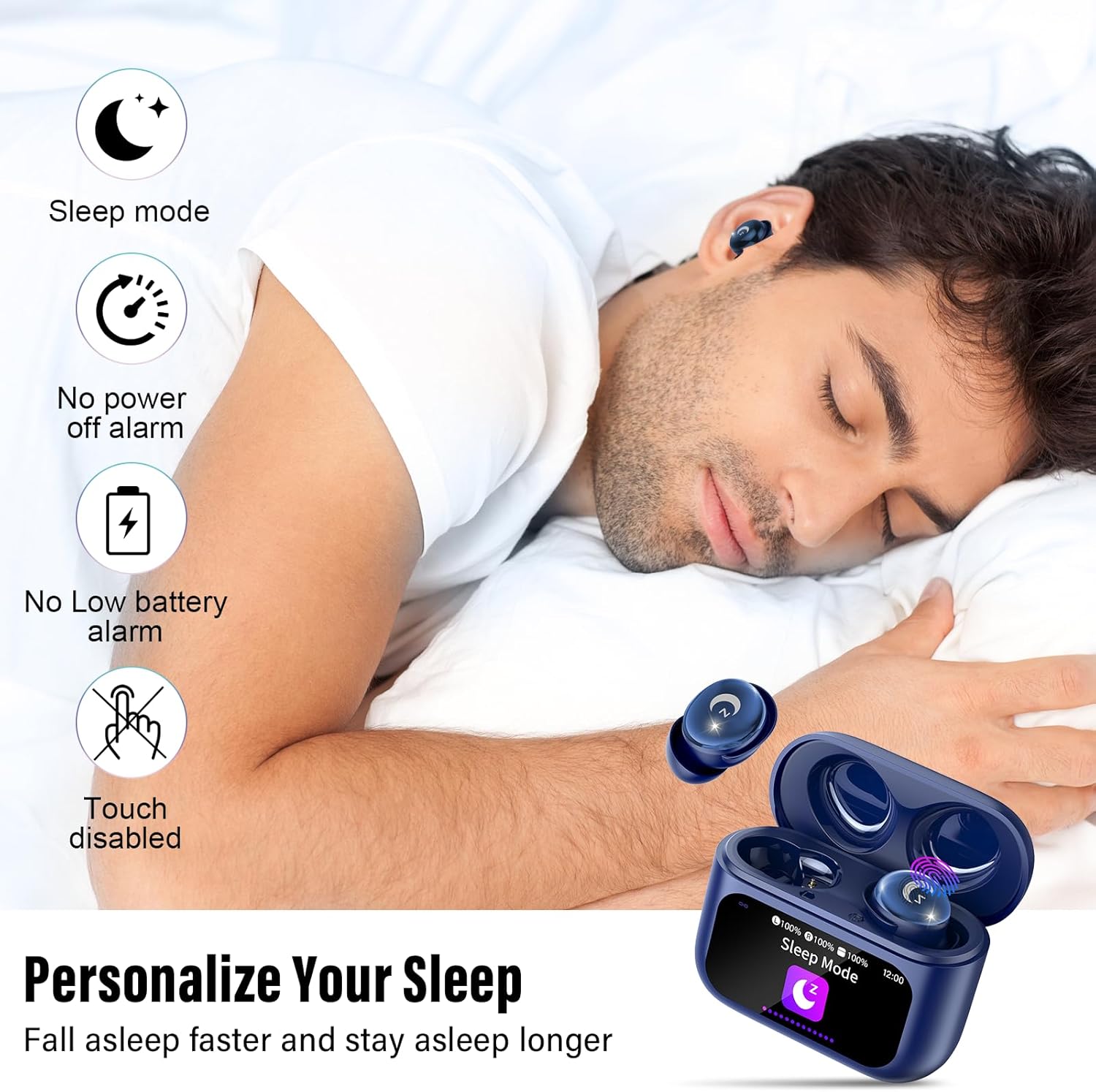 Detalle de Bluetooth Kopfhörer Mini Schlafkopfhörer 48 Std, IPX7, Touchscreen, Schlafmodus, ENC, 5.4, Sternenblau