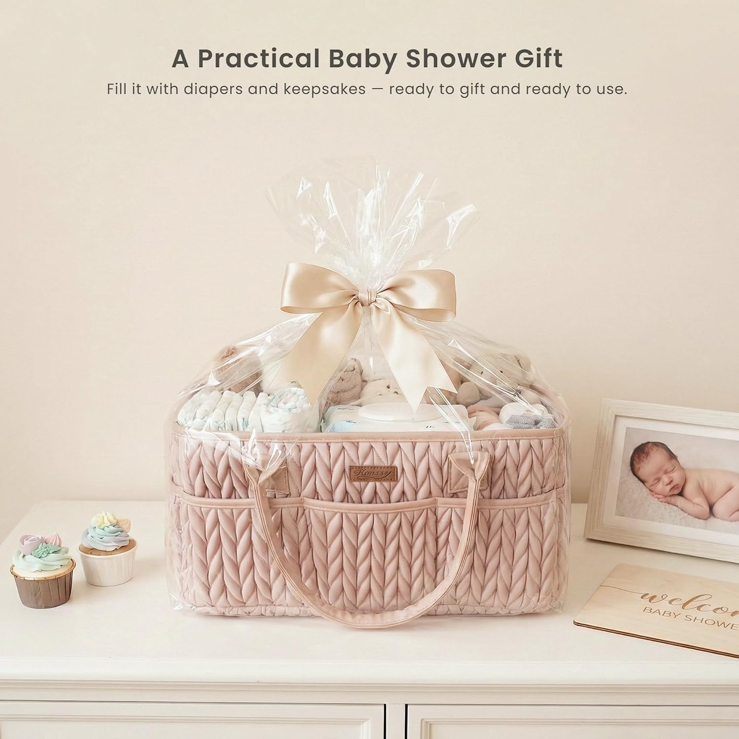 Thumbnail 6 de Konssy Braided Blush Diaper Caddy with Removable Divider and PU Handles