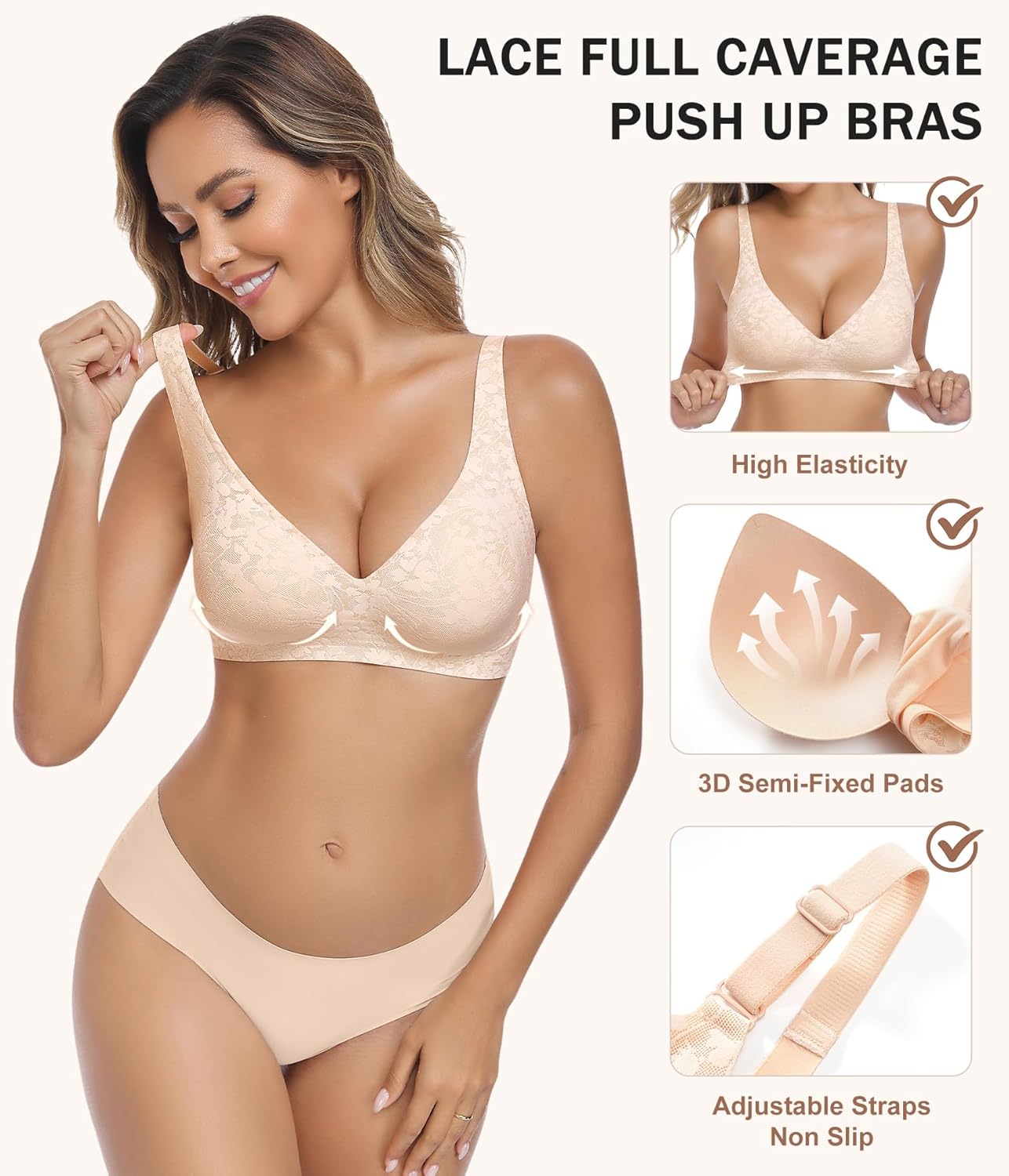 Detalle de Wiepux Push Up Soutien-Gorge sans Armature Deep V Floral Dentelle — Confort et Décolleté Plongeant