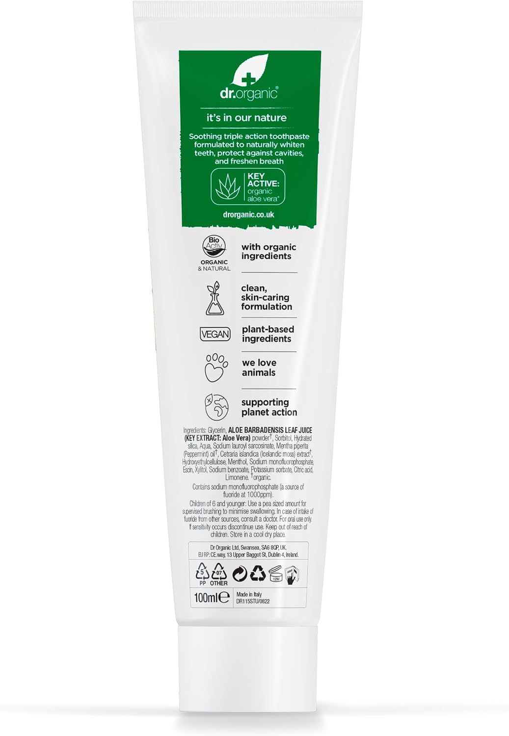 Detalle de DR. ORGANIC Aloë Vera-tandpasta met munt, fluoride en biologische ingrediënten, 100 ml