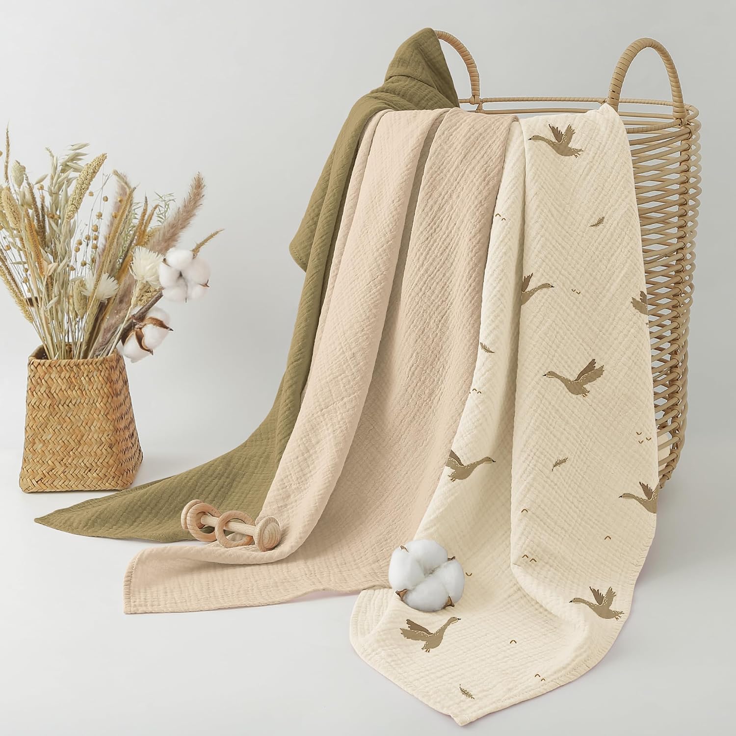 Detalle de Bearmoss Musselin-Pucktuch 3er-Set 96x102 cm, 100% Baumwolle, Olivgrün
